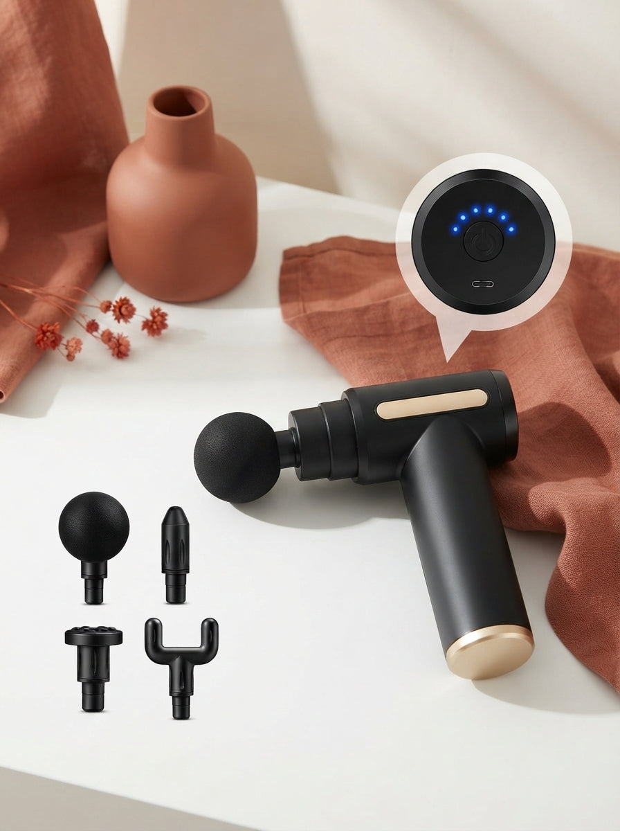 A portable massage gun with four different attachment heads arranged on a white surface with terracotta and sienna accents.
